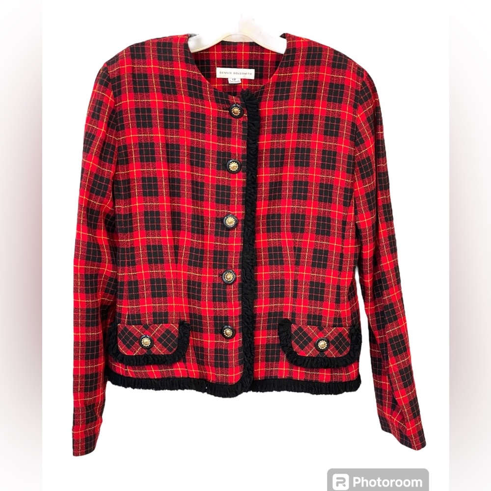 Chanel style plaid jacket w/black trim & decorative buttons